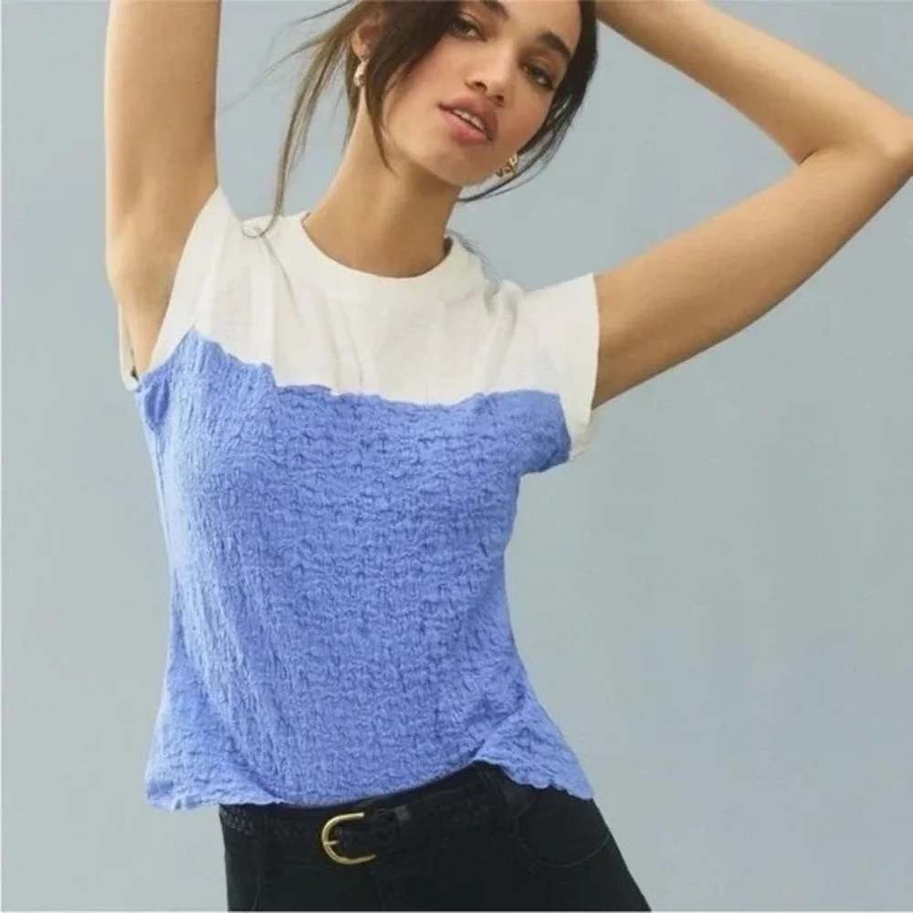 Maeve Anthropologie Top Women M Blue White Smocked Cap Sleeve Mixed Media